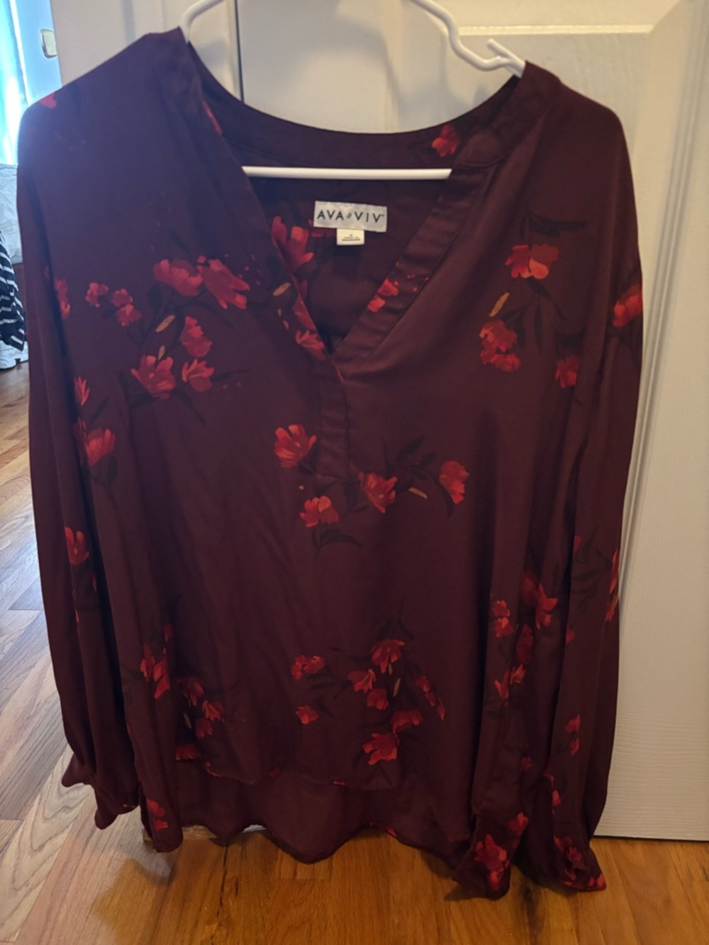 Wine Red Floral V-Neck Women's Blouse